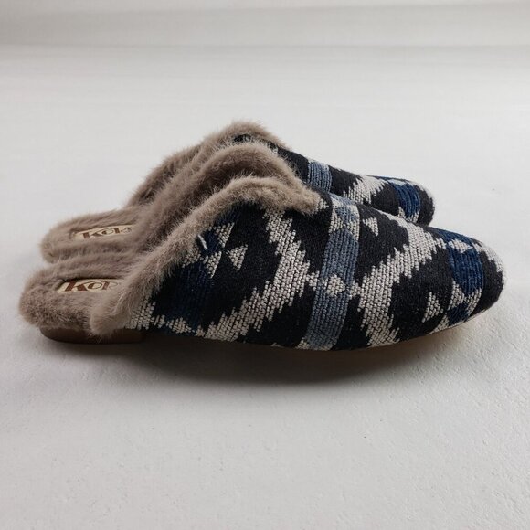 Korks Nile Slip On Shoe Women 7 Black Faux Fur Lined Aztec Mule Flat Slipper NEW - Picture 2 of 10
